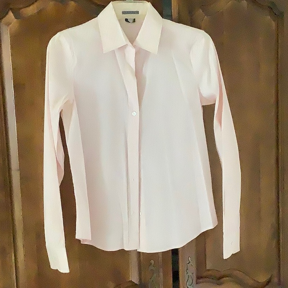 Theory cotton, nylon and spandex blouse pink with pin stripes dry clean only.